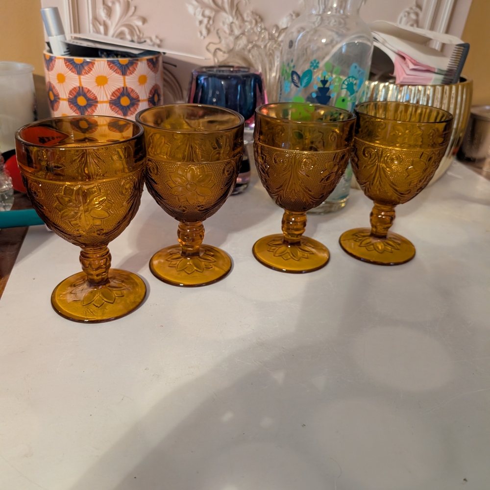 Tiara Amber Embossed Goblets - Set of 4